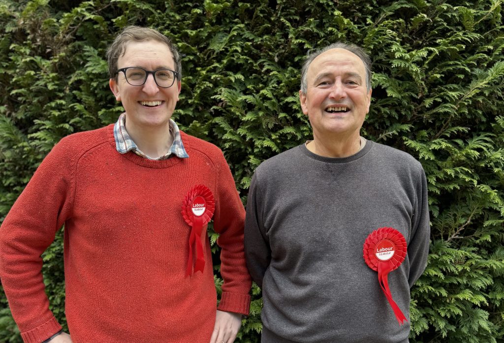 A photograph showing Alex Just with John Gaskell, the Labour candidate in the Farnham Castle by-election