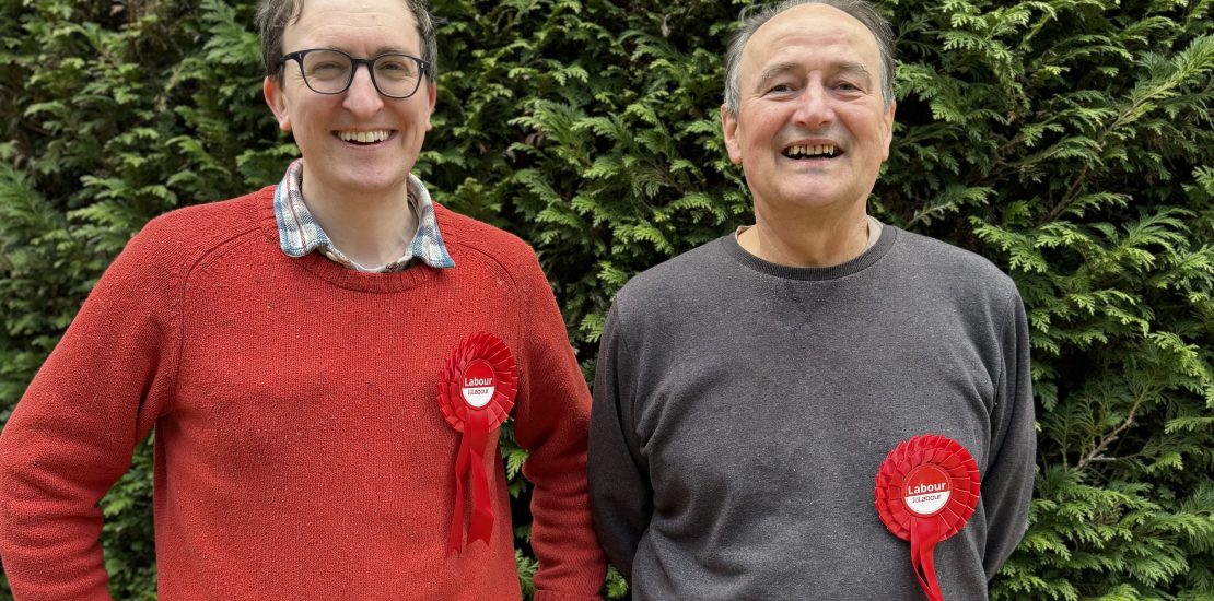 A photograph showing Alex Just with John Gaskell, the Labour candidate in the Farnham Castle by-election